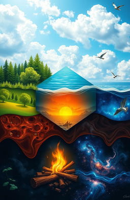 A serene and enchanting depiction of the five elements of Earth: Earth, Water, Fire, Air, and Ether