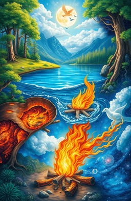 A serene and enchanting depiction of the five elements of Earth: Earth, Water, Fire, Air, and Ether