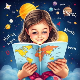 A vibrant slide depicting a young girl reading a book, with her gaze directed at a bright, illustrated world map that includes the United States prominently featured
