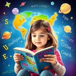 A vibrant slide depicting a young girl reading a book, with her gaze directed at a bright, illustrated world map that includes the United States prominently featured