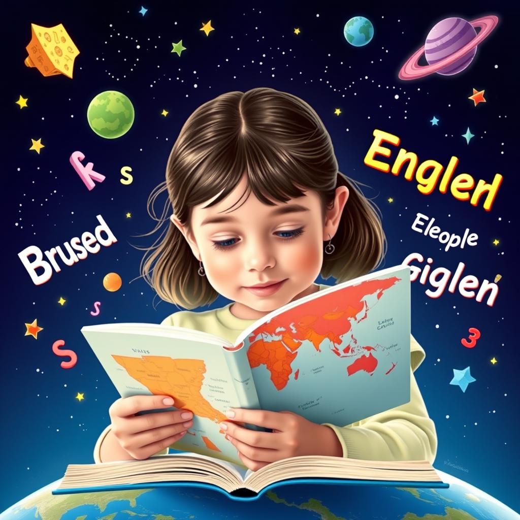 A vibrant slide depicting a young girl reading a book, with her gaze directed at a bright, illustrated world map that includes the United States prominently featured