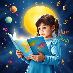 A vibrant slide depicting a young girl reading a book, with her gaze directed at a bright, illustrated world map that includes the United States prominently featured