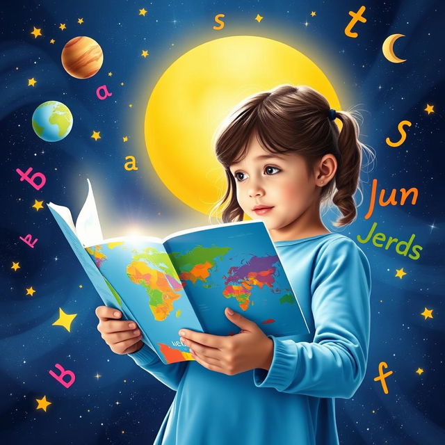 A vibrant slide depicting a young girl reading a book, with her gaze directed at a bright, illustrated world map that includes the United States prominently featured