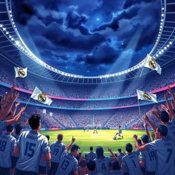 A dramatic and vibrant illustration showcasing the iconic Santiago Bernabéu Stadium filled with excited fans wearing Real Madrid jerseys, cheering for their team