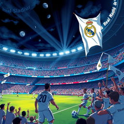 A dramatic and vibrant illustration showcasing the iconic Santiago Bernabéu Stadium filled with excited fans wearing Real Madrid jerseys, cheering for their team