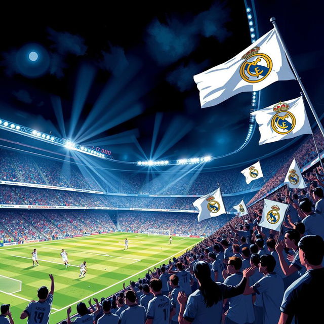 A dramatic and vibrant illustration showcasing the iconic Santiago Bernabéu Stadium filled with excited fans wearing Real Madrid jerseys, cheering for their team