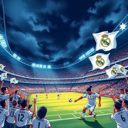 A dramatic and vibrant illustration showcasing the iconic Santiago Bernabéu Stadium filled with excited fans wearing Real Madrid jerseys, cheering for their team