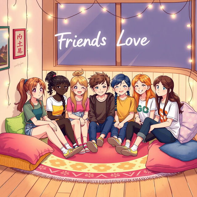 An illustration titled 'The Friends Love', depicting five girls and five boys together in a cozy, inviting space