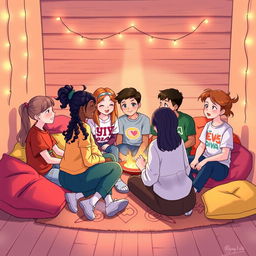 An illustration titled 'The Friends Love', depicting five girls and five boys together in a cozy, inviting space