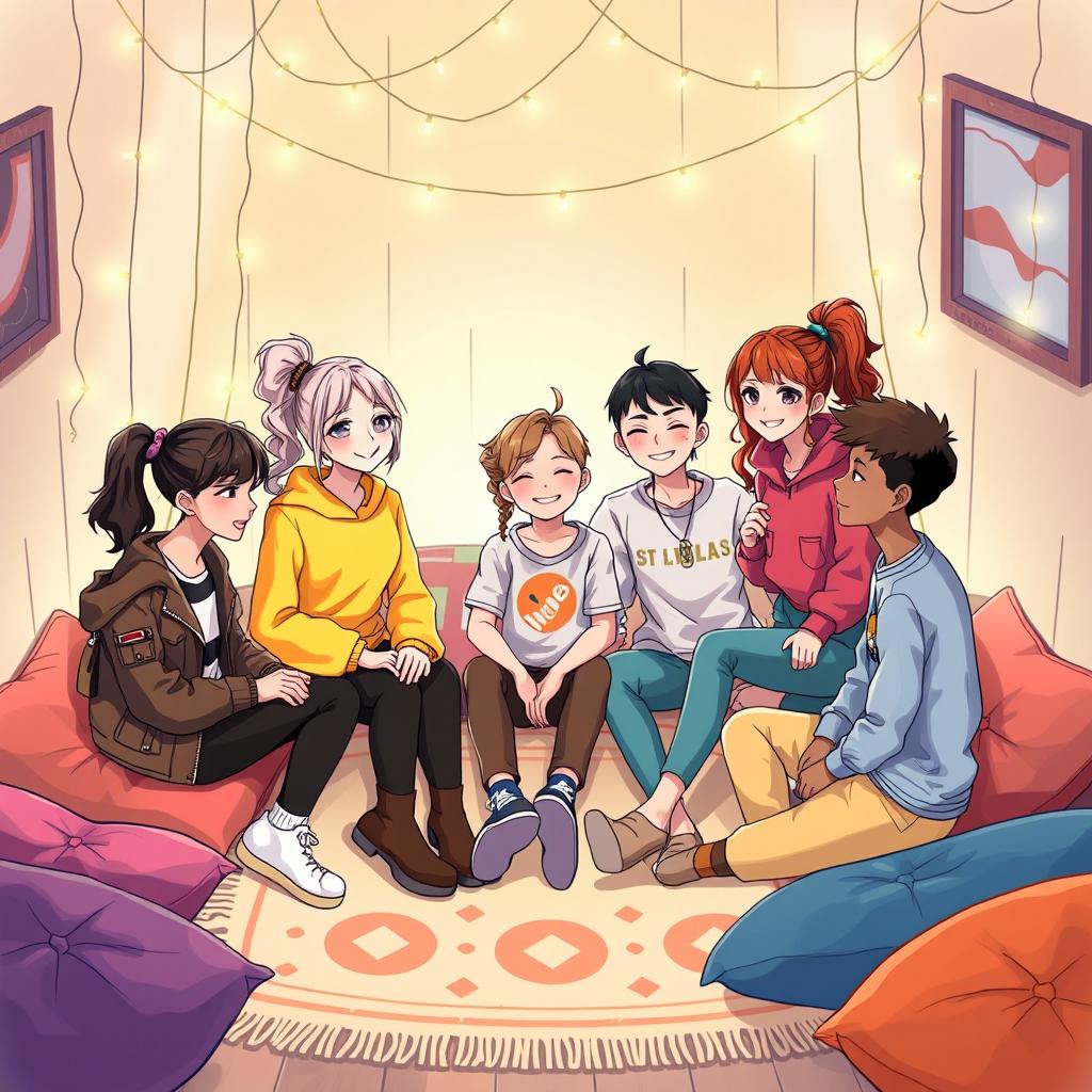 An illustration titled 'The Friends Love', depicting five girls and five boys together in a cozy, inviting space