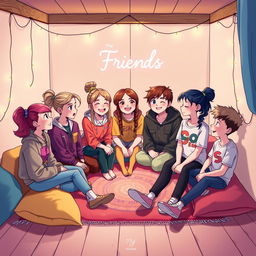 An illustration titled 'The Friends Love', depicting five girls and five boys together in a cozy, inviting space