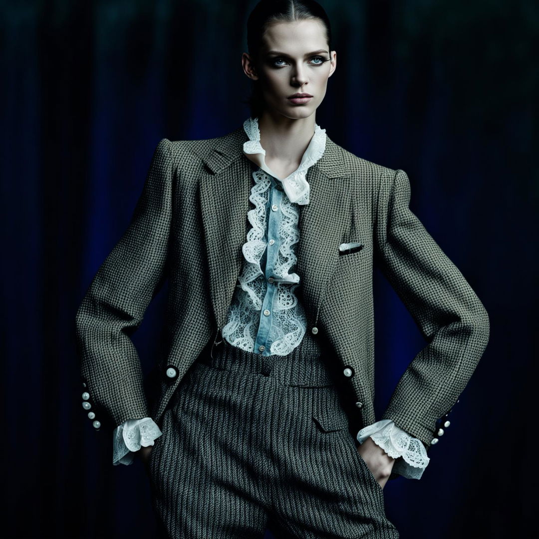 High-resolution photograph of a model in an androgynous, yet feminine, modern outfit inspired by old money elegance. The image features immaculate lighting and composition, reminiscent of an editorial magazine photoshoot.