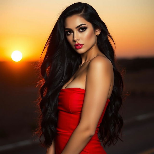 A sexy woman with luscious long black hair, wearing a fitted red dress that accentuates her curves, standing confidently against a sunset backdrop