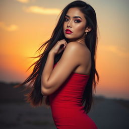 A sexy woman with luscious long black hair, wearing a fitted red dress that accentuates her curves, standing confidently against a sunset backdrop