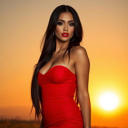 A sexy woman with luscious long black hair, wearing a fitted red dress that accentuates her curves, standing confidently against a sunset backdrop