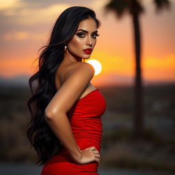 A sexy woman with luscious long black hair, wearing a fitted red dress that accentuates her curves, standing confidently against a sunset backdrop