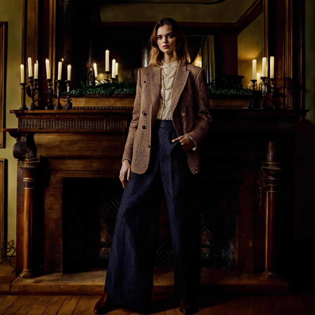 High-resolution photograph of a model in a modern 'old money' inspired outfit in an opulent room with immaculate lighting and composition.