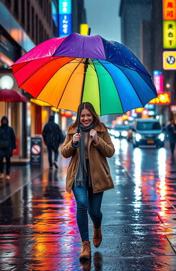 A cozy scene of a person walking in the rain while holding a colorful umbrella, surrounded by vibrant raindrops splashing down