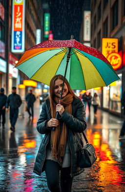 A cozy scene of a person walking in the rain while holding a colorful umbrella, surrounded by vibrant raindrops splashing down