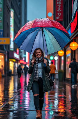A cozy scene of a person walking in the rain while holding a colorful umbrella, surrounded by vibrant raindrops splashing down