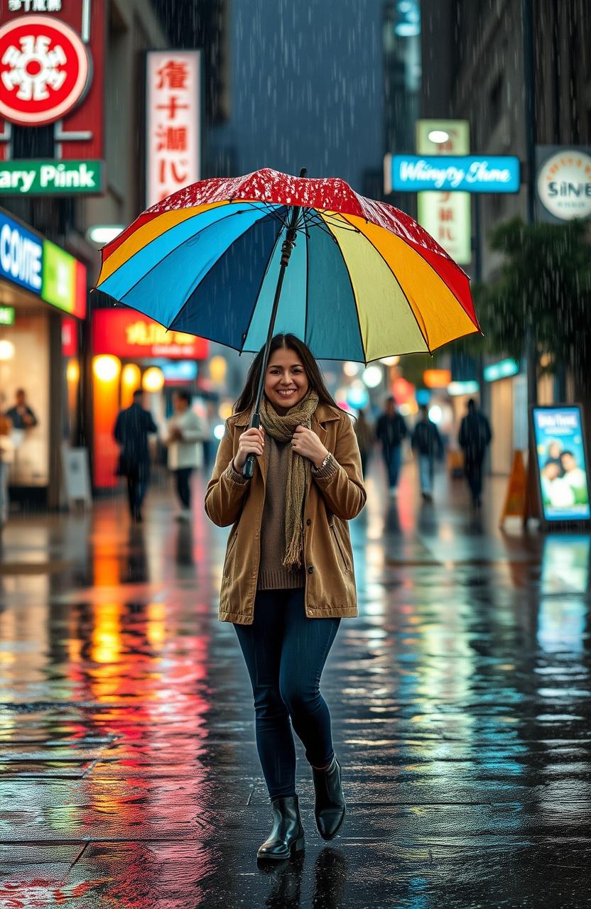 A cozy scene of a person walking in the rain while holding a colorful umbrella, surrounded by vibrant raindrops splashing down