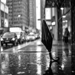 A striking black and white image focusing on a closed umbrella resting on a wet surface, surrounded by cascading raindrops