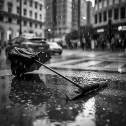 A striking black and white image focusing on a closed umbrella resting on a wet surface, surrounded by cascading raindrops
