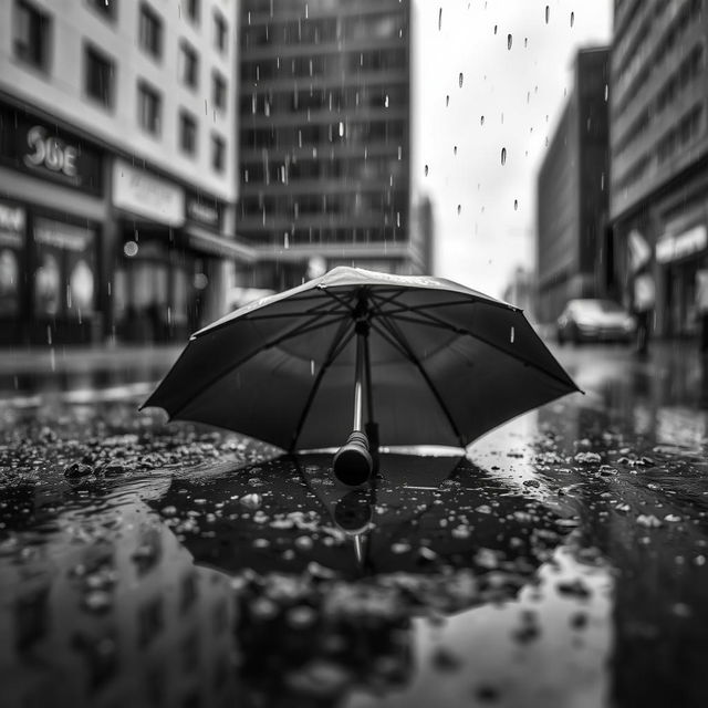 A striking black and white image focusing on a closed umbrella resting on a wet surface, surrounded by cascading raindrops