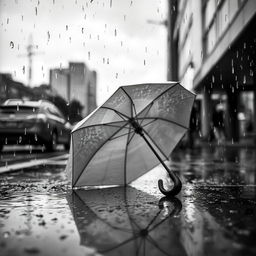 A striking black and white image focusing on a closed umbrella resting on a wet surface, surrounded by cascading raindrops