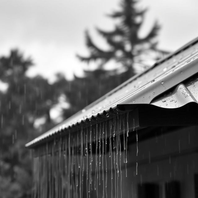 A captivating black and white image emphasizing a classic roof in the foreground, with rain cascading down its surface