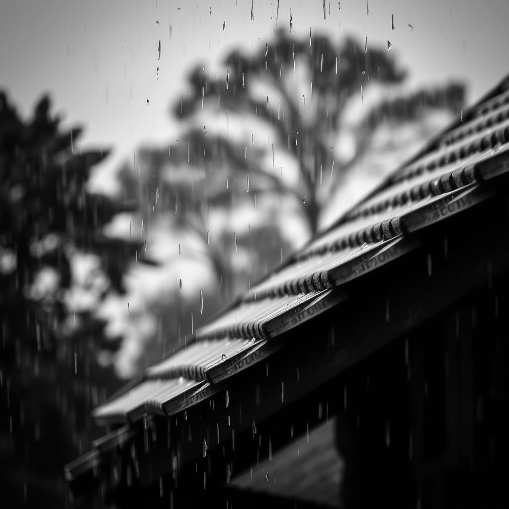 A captivating black and white image emphasizing a classic roof in the foreground, with rain cascading down its surface