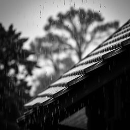 A captivating black and white image emphasizing a classic roof in the foreground, with rain cascading down its surface