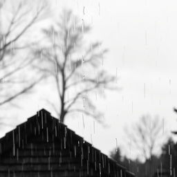 A captivating black and white image emphasizing a classic roof in the foreground, with rain cascading down its surface