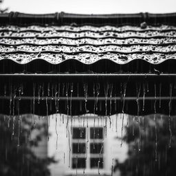A captivating black and white image emphasizing a classic roof in the foreground, with rain cascading down its surface