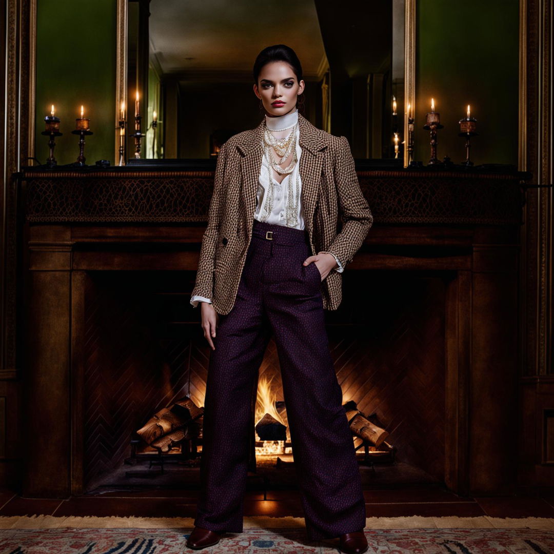 Model in modern 'old money' attire in an opulent room with perfect lighting and composition.