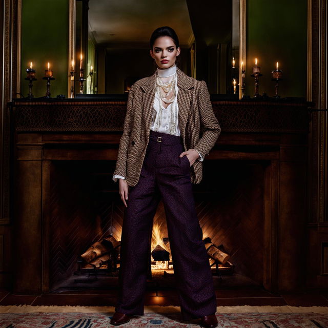 Model in modern 'old money' attire in an opulent room with perfect lighting and composition.