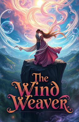 A breathtaking fantasy scene depicting an epic romance, featuring ethereal landscapes with swirling winds and vibrant colors