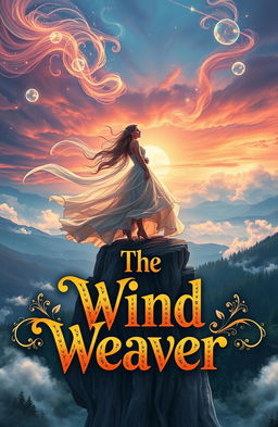 A breathtaking fantasy scene depicting an epic romance, featuring ethereal landscapes with swirling winds and vibrant colors