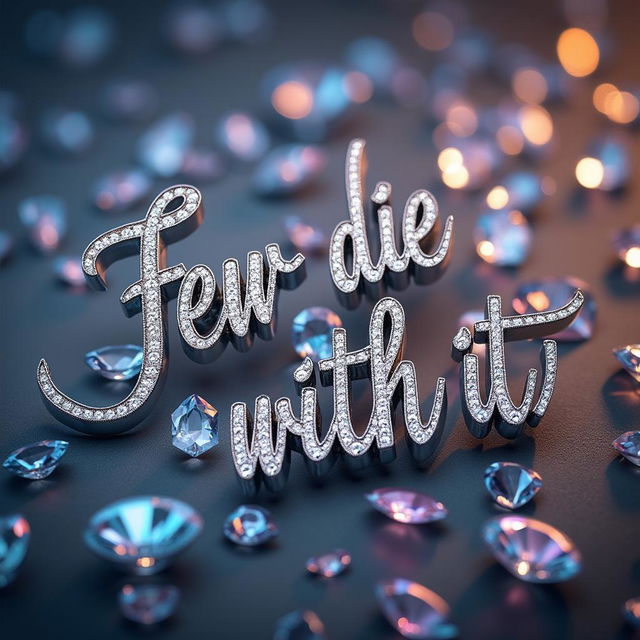 The phrase 'Few Die With It' elegantly scripted in bold silver letters, prominently displayed against a stunning backdrop of shimmering diamonds that reflect light in a dazzling array of colors
