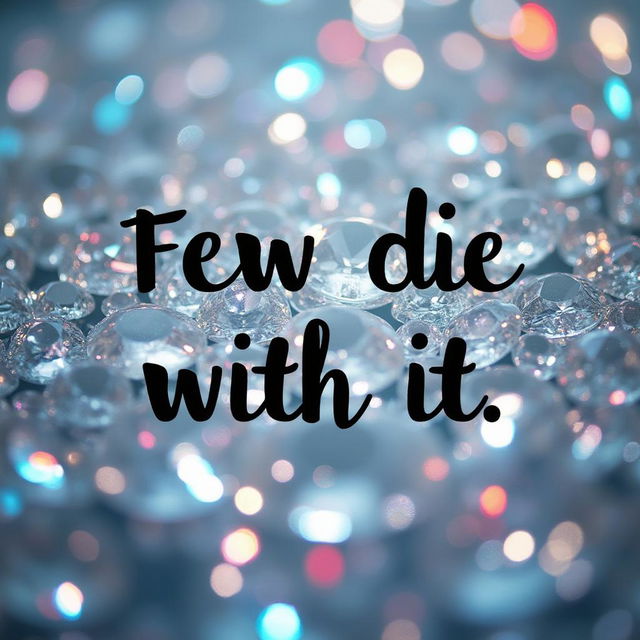 The phrase 'Few Die With It' elegantly scripted in bold black letters, prominently displayed against a stunning backdrop of shimmering diamonds that reflect light in a dazzling array of colors