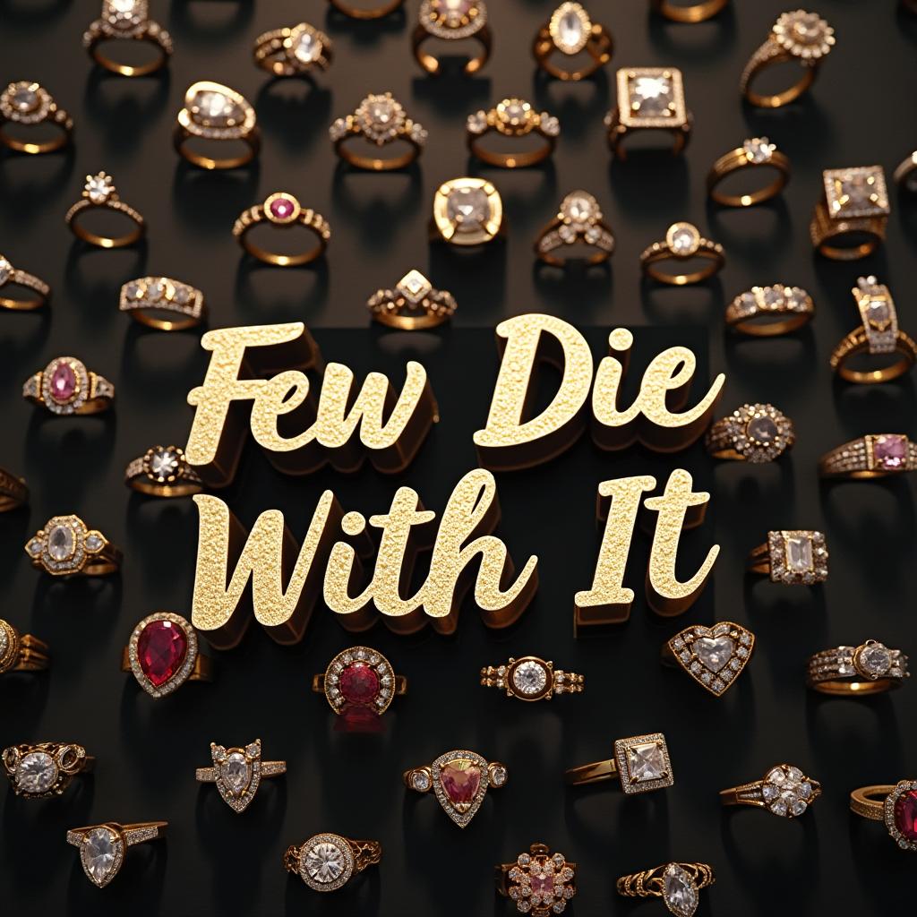 The phrase 'Few Die With It' elegantly scripted in bold letters, prominently displayed in front of a stunning wall of various beautiful rings, each adorned with sparkling gemstones and intricate designs