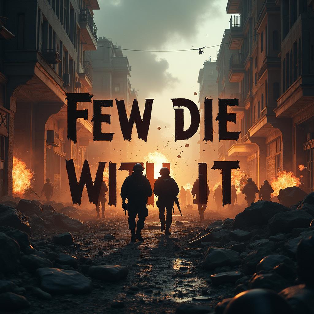 The phrase 'Few Die With It' boldly displayed in a stylized font, set against a dramatic backdrop of an urban battle scene