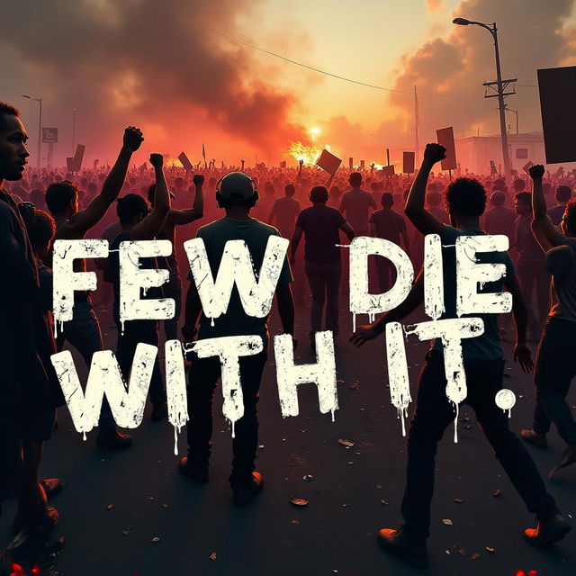 The phrase 'Few Die With It' boldly stated in the foreground, with a chaotic scene of a riot unfolding behind it