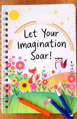 A colorful and whimsical notebook cover designed to inspire children, featuring a magical landscape filled with vibrant flowers, friendly animals like a smiling fox and a cheerful owl, and a bright rainbow arching across the sky