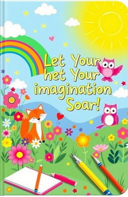 A colorful and whimsical notebook cover designed to inspire children, featuring a magical landscape filled with vibrant flowers, friendly animals like a smiling fox and a cheerful owl, and a bright rainbow arching across the sky