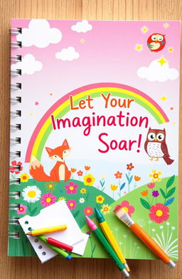 A colorful and whimsical notebook cover designed to inspire children, featuring a magical landscape filled with vibrant flowers, friendly animals like a smiling fox and a cheerful owl, and a bright rainbow arching across the sky