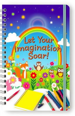 A colorful and whimsical notebook cover designed to inspire children, featuring a magical landscape filled with vibrant flowers, friendly animals like a smiling fox and a cheerful owl, and a bright rainbow arching across the sky