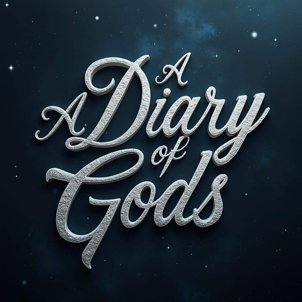 The phrase 'A Diary of Gods' elegantly scripted in bold silver letters that shimmer against a richly textured background, perhaps resembling celestial skies with soft starry patterns or cosmic elements