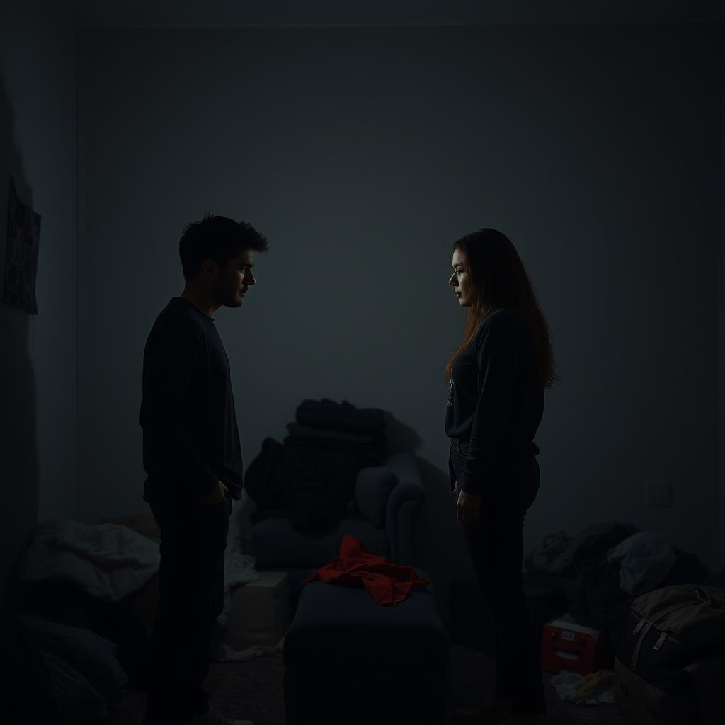 A dramatic and emotional scene depicting a couple in a heated argument, their faces showing frustration and disappointment, in a dimly lit room that symbolizes tension