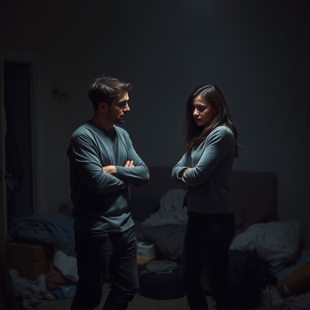 A dramatic and emotional scene depicting a couple in a heated argument, their faces showing frustration and disappointment, in a dimly lit room that symbolizes tension